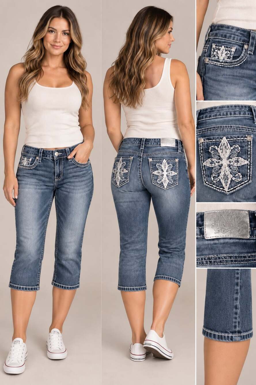 Miss Me Ellora Fleur Capri Jeans Size 9/10 Blue Denim Embroidered